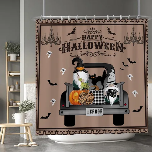 Miniatura 127 de Cortina de ducha de fantasma y gato negro para niños, 36 x 72 pulgadas, espeluznante y bonita, cortina de baño de Halloween con 6 ganchos, cortina