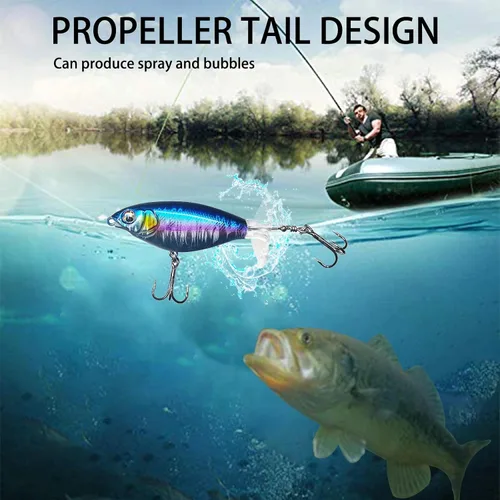 Miniatura 5 de Topwater - Señuelos de pesca para lubina, señuelos Whopper Popper con ojos 3D realistas y colas giratorias para agua dulce y salada, juego de 5