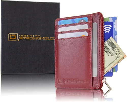 Miniatura 5 de ID STRONGHOLD - Cartera con bolsillo frontal RFID, mini, minimalista, delgada, de piel auténtica con cremallera, Rojo
