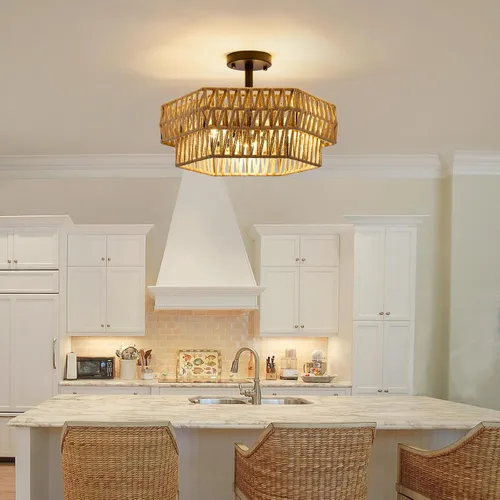 Miniatura 9 de XSDeTu Lámpara de techo semiempotrada de granja, 3 luces, estilo bohemio, lámpara de techo de cuerda de cáñamo tejida rústica, lámpara de techo