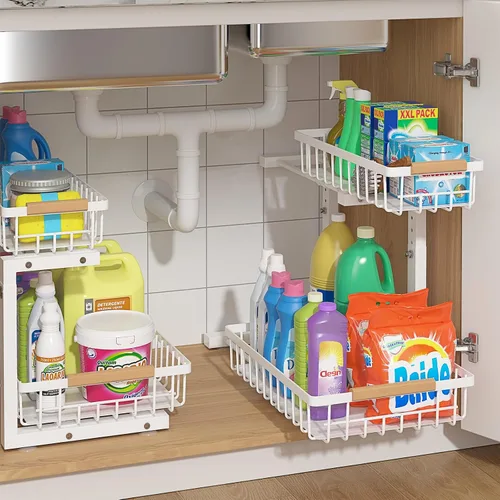 Miniatura 8 de ADRIMER Organizador para debajo del fregadero, 2 paquetes, organizador extraíble para fregadero de cocina, 2 niveles, organizador de cocina