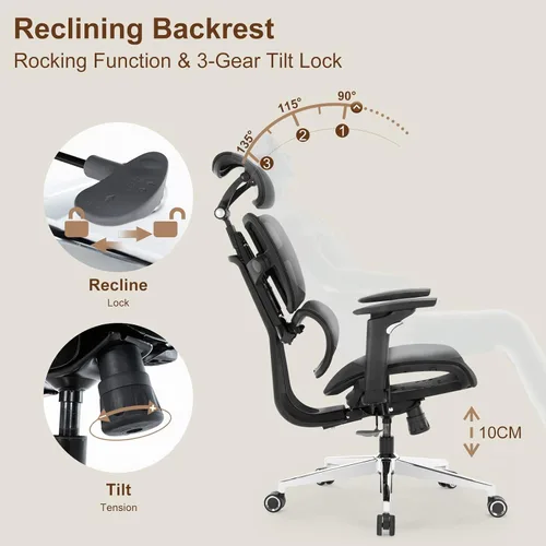 Miniatura 4 de Silla de oficina ergonómica de escritorio, silla de computadora de malla grande y alta con soporte lumbar ajustable, función de inclinación