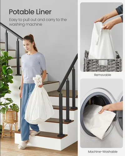 Miniatura 6 de SONGMICS Cesta de lavandería con tapa, 42.3 galones (160 L), cesta de lavandería con ruedas, ratán sintético de 3 secciones, forro extraíble, Gris
