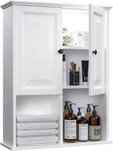 HAIOOU Armario de pared de baño con luz LED con sensor de movimiento, armario de madera para medicamentos, armario de almacenamiento sobre inodoro