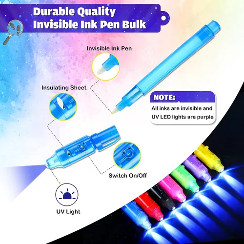 Miniatura 3 de Joycover Bolígrafo de tinta invisible con luz UV para niños, 28 unidades de bolígrafos espías para niños de 4 a 8 a 12 años, suministros de fiesta