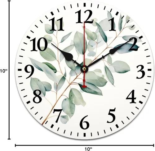 Miniatura 9 de Reloj de pared de madera de 10 pulgadas, acuarela, rústico, eucalipto, reloj de pared de madera rústica, cuarzo, sin tictac, número arábigo, hoja
