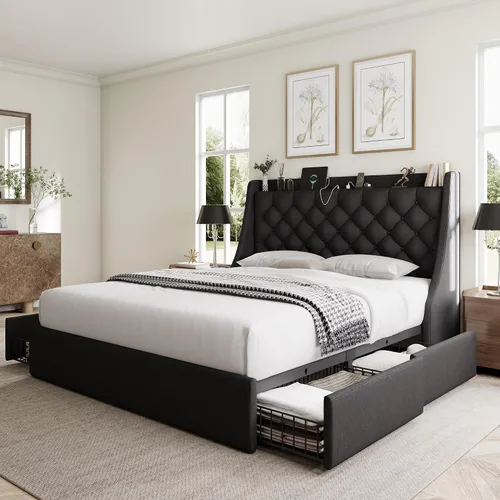 Miniatura 9 de GalnFu Marco de cama de tamaño completo con 4 cajones de almacenamiento, cabecera tapizada grande tipo wingback, estación de carga rápida,
