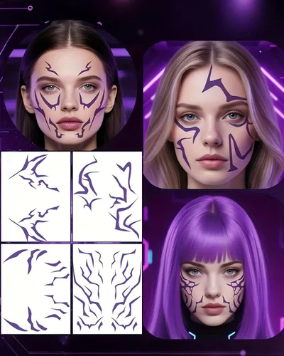Miniatura 2 de 7 hojas de tatuajes temporales de anime de película, color morado, calcomanías de tatuajes de Halloween, cosplay, tatuajes, bailes, cosplay