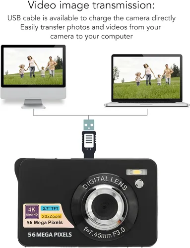Miniatura 6 de Cámara digital, video 4K de 56 MP con zoom de 20x, pantalla LCD de 2.7 pulgadas, cable USB, compacto, almacenamiento de 128 GB, color negro