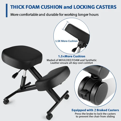 Miniatura 7 de Silla ergonómica de oficina, taburete ajustable en altura con cojines de espuma gruesos y ruedas deslizantes suaves para mejorar la postura