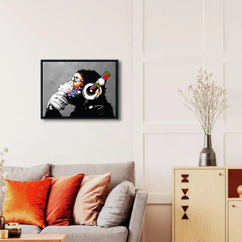 Miniatura 4 de Wieco Art Marco Negro Mono con Auriculares Banksy Arte de Graffiti Abstracto Pinturas en Lienzo Impresiones Arte de Pared en Lienzo de Animales