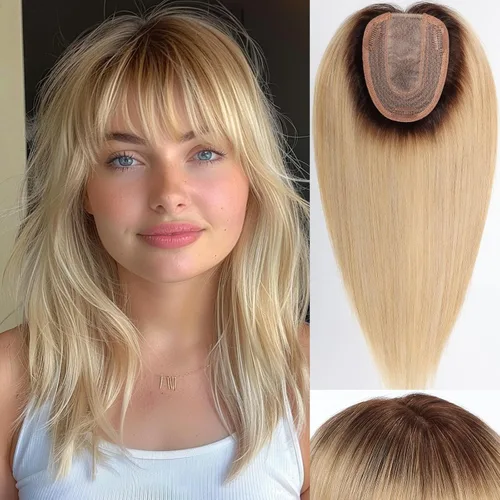 Miniatura 8 de HAIRCUBE Pelucas de cabello humano 100% con flequillo, densidad 150%, base de seda, clip en la parte superior, pelucas de cabello superior