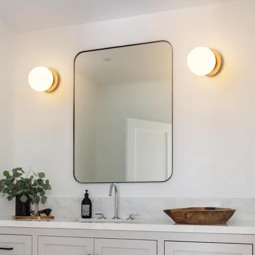 Miniatura 7 de Aplique de pared moderno de globo de vidrio: Luz de apliques esféricos dorados - Accesorio de luces de bola individual de latón pequeño para tocador