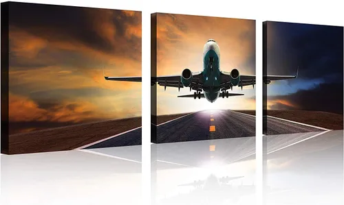 Miniatura 20 de TutuBeer 3 Panels Airplane Wall Art Airplane Posters for Walls Aircraft at Sunrise Plane Pictures for Living Room Bedroom Boys Room Home Decor