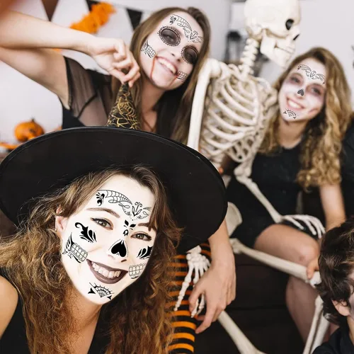 Miniatura 5 de Tatuajes faciales del Día de los Muertos, paquete de 10 tatuajes faciales temporales de Halloween, tatuaje facial de calavera de azúcar para adultos