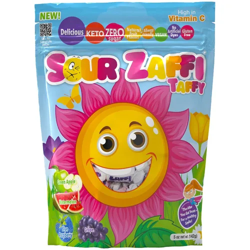 Miniatura 3 de Zollipops Zaffi Taffy Sour en varios sabores agrios, sandía, manzana verde, frambuesa azul y uva, bolsa de 5 onzas