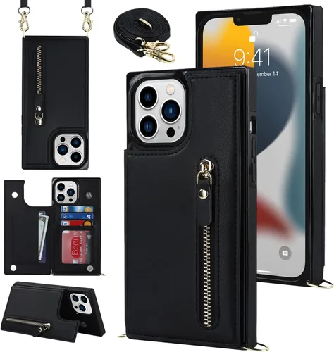 Funda cruzada para teléfono iPhone 13 Pro Max de cuero con tarjetero, funda protectora extraíble, correa de cuero ajustable con botón, compatible