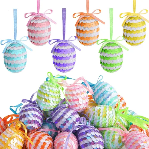 30 huevos de lentejuelas colgantes de Pascua, adornos de huevos de Pascua de 1.6 pulgadas con lazo, adornos de árbol de huevo colgantes de primavera