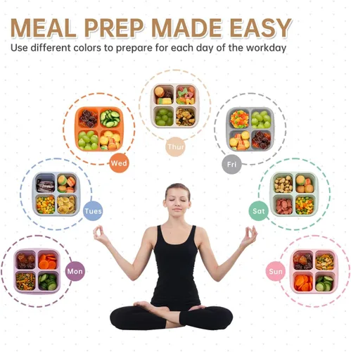 Miniatura 6 de Paquete de 7 Cajas de Almuerzo Bento, 4 Compartimentos Contenedores de Snacks, Contenedores de Almuerzo Divididos para Preparación de Comidas
