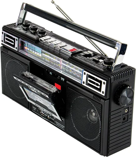 Miniatura 9 de QFX J-220BT Boombox MP3 Conversión de radio a casete con radio de 4 bandas (AM, FM, SW1, SW2) con Bluetooth, batería recargable, altavoces duales