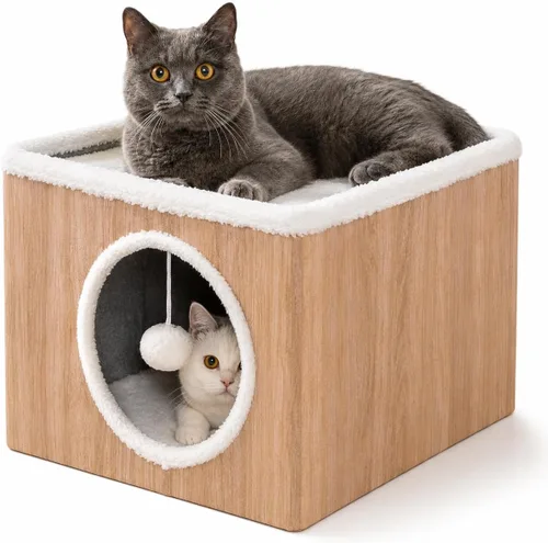 Casa de condominio para gatos con cojines reversibles y bola esponjosa colgante, cubo plegable para gatos, cama cueva grande para gatitos de