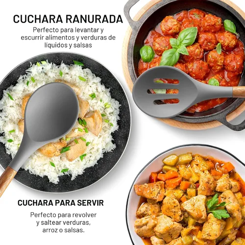 Miniatura 4 de Zulay Kitchen Juego de utensilios de cocina de silicona antiadherente con auténticas asas de madera de acacia, juego de utensilios de cocina de 5