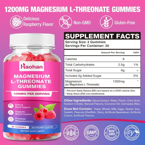 Miniatura 2 de Gomitas de magnesio L-treonato de 1200 mg para apoyar la concentración y los músculos, sabor a frambuesa sin azúcar, 60 unidades para adultos y niños