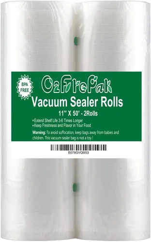 O2frepak Paquete de 2 (total de 100 pies) de 11 x 50 rollos de bolsas selladoras al vacío sin BPA, bolsas de almacenamiento resistentes al vacío