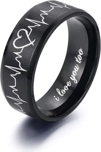 Miniatura 2 de Lavumo - Anillos de acero inoxidable a juego para promesa de boda de parejas diseño con grabado de latidos del corazón y leyenda I love you ajuste