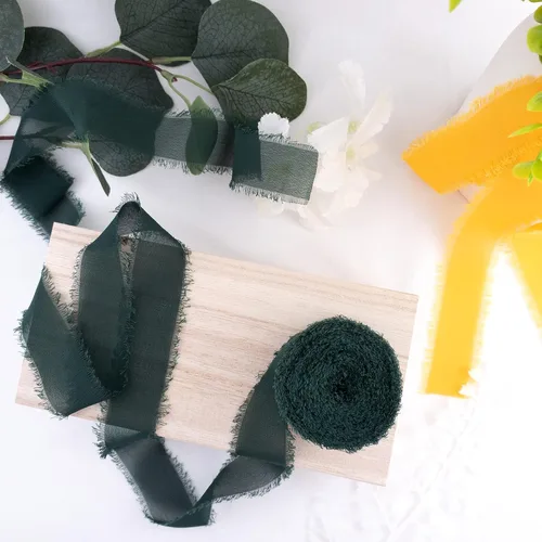 Miniatura 10 de Cintas de gasa de seda de 1.2 pulgadas x 11 yardas, cintas verdes hechas a mano con flecos para invitaciones de boda, envoltura de regalos, ramos