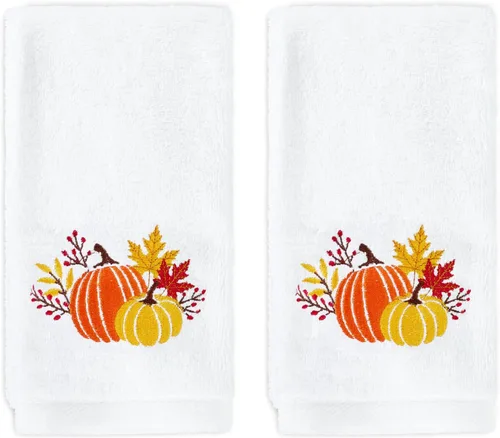 AnyDesign Juego de 2 toallas de mano con diseño de calabaza, algodón bordado, hojas de arce, para otoño, Acción de Gracias, baño, secado a mano,