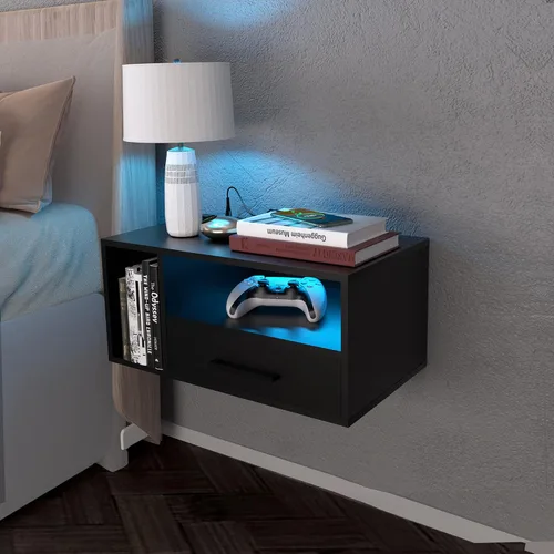 Mesita de noche flotante con estación de carga y tiras de luz LED, mesita de noche de 21.3 pulgadas con cajones, mesita de noche flotante con