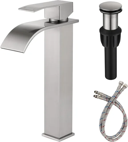 Miniatura 11 de Grifo de baño de cascada negra de un solo agujero, grifo de lavabo de baño con escurridor desplegable y placa de cubierta para instalación de 3