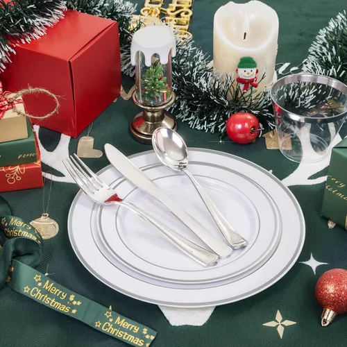 Miniatura 5 de BUCLA 350 platos de plástico plateado con cubiertos y servilletas de plástico desechables. Vajilla de plástico con borde plateado que incluye 50
