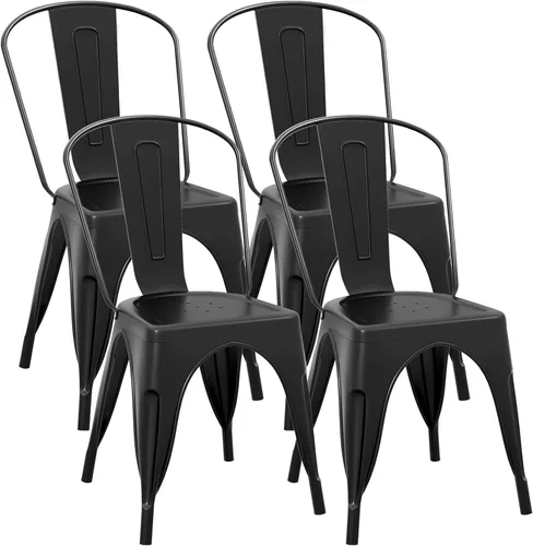 Miniatura 12 de COSTWAY Tolix - Sillas de comedor estilo industrial, apilables, de metal, con asiento de madera, juego de 4 (color blanco y marrón)