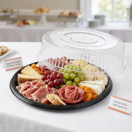Miniatura 3 de Frcctre Paquete de 12 bandejas de plástico de 12 pulgadas con tapa, platos desechables de plástico para servir alimentos con tapas de cúpula