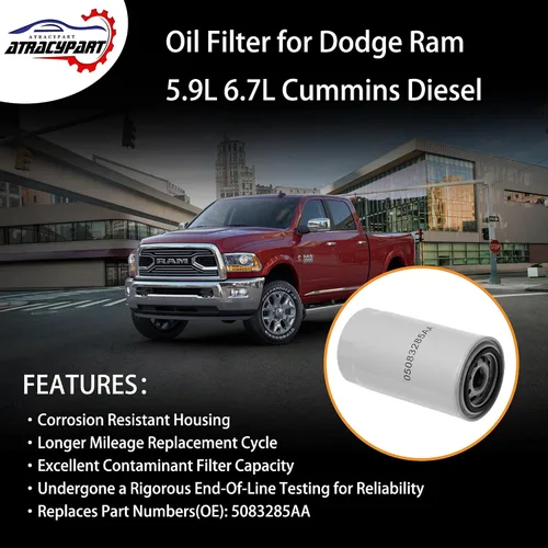 Miniatura 2 de Filtro de aceite 6.7 Cummins compatible con 1989-2024 Dodge Ram 2500 3500 4000 4500 5500 D250 D350 W250 W350 5.9 6.7 Cummins motor diésel filtro