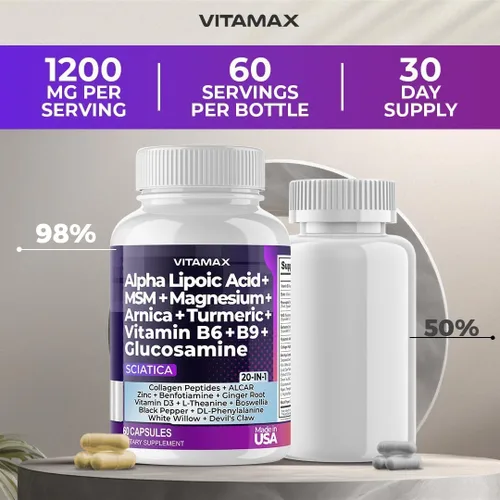 Miniatura 7 de Apoyo para la salud del nervio ciático - Suplemento para el nervio ciático en cápsulas con ácido fólico, guisante, glucosamina, MSM, complejo