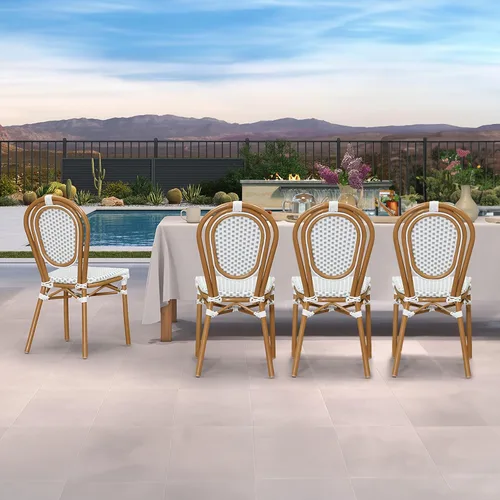 Miniatura 22 de PURPLE LEAF Juego de 1 silla de comedor al aire libre, marco de aluminio francés en acabado de bambú con ratán tejido ámbar y blanco para cocina