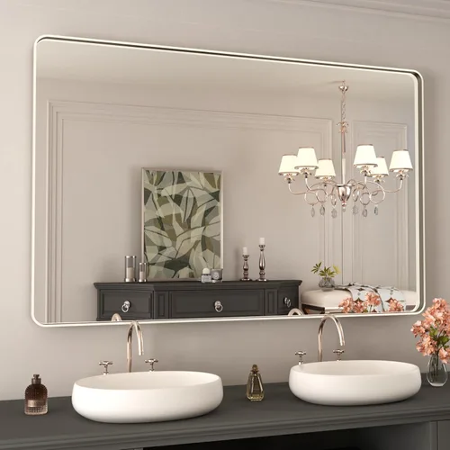 Miniatura 54 de WEER - Espejo de baño dorado, espejo de 40x32 pulgadas con marco de metal dorado cepillado, espejo de tocador de baño de oro para pared