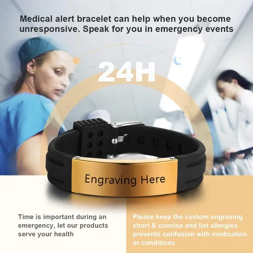 Miniatura 10 de OPALSTOCK Pulseras médicas personalizadas de silicona ajustable para identificación de emergencias, grabado gratuito, 9 pulgadas, resistente al