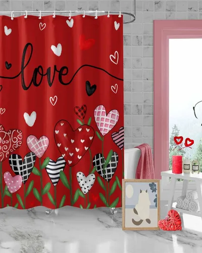 Miniatura 3 de Cortinas de ducha feliz día de San Valentín para baño gnomos, cortina de ducha de tela con ganchos, juego de cortina de ducha con corazones