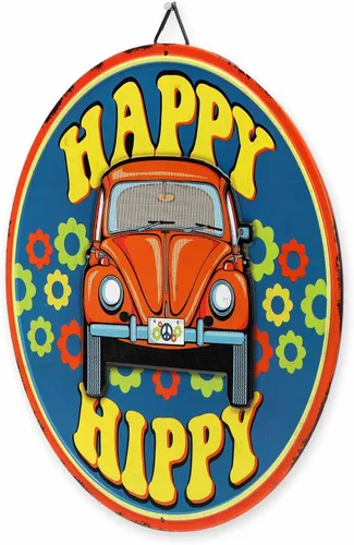 Miniatura 2 de Volkswagen Happy Hippy Letrero Redondo de Metal - Divertido Letrero de VW Beetle para Garaje o Cueva del Hombre Naranja