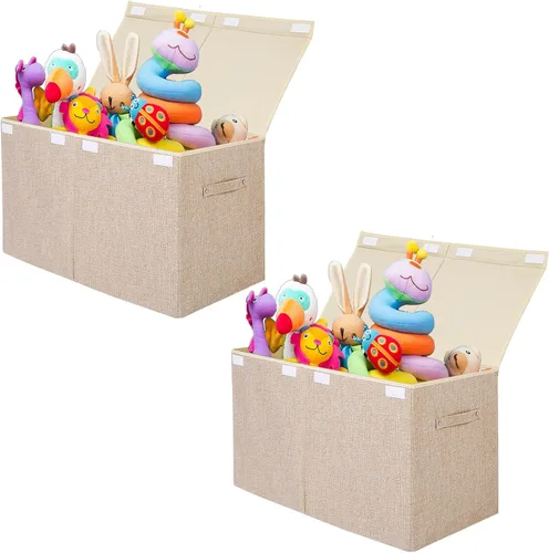 Paquete de 2 cajas grandes de almacenamiento para juguetes con tapa abatible, resistentes cajas de almacenamiento de juguetes para niños, niñas,