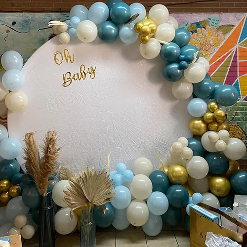 Miniatura 5 de Set de globos azul polvo, 60 paquetes de 12 pulgadas de globos metálicos dorados cromados, azul macarrón, azul océano, blanco arena, confeti