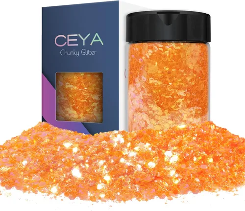Ceya - Purpurina gruesa, 140g / 4.9oz de polvo de purpurina artesanal naranja fluorescente de 0.2mm / 0.008” / 1/128” con iridiscencia para uñas,