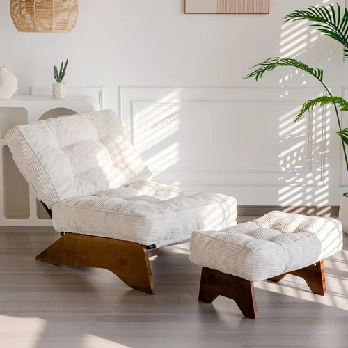 MAXYOYO - Sillón decorativo con otomana y respaldo ajustable, silla capitoné para sala, reposera con reposapiés, silla moderna y acogedora Beige