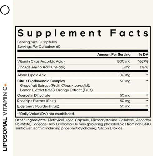 Miniatura 2 de Codeage - Vitamina C liposomal de 1500 mg con zinc, saúco, bioflavonoides cítricos de pomelo, limón, naranja en polvo, quercetina y escaramujo