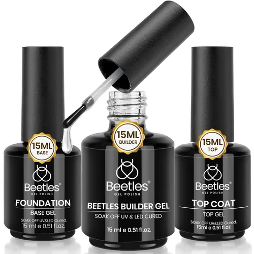 Miniatura 16 de Beetles 3 piezas de 15 ml de esmalte de uñas en gel, capa superior, base y juego de eliminación líquida de látex, sin necesidad de limpiar, capa