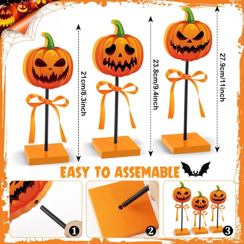 Miniatura 3 de 3 piezas de decoración de bandeja escalonada de Halloween, calabaza de madera, decoración de Halloween, letrero aterrador para interiores